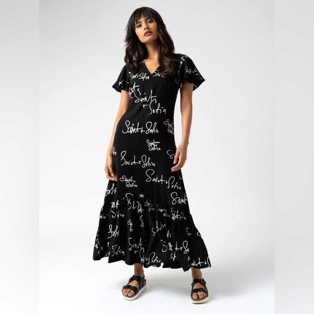 SAINT + SOFIA Black Graphic Print Maxi Dress (Size 6)